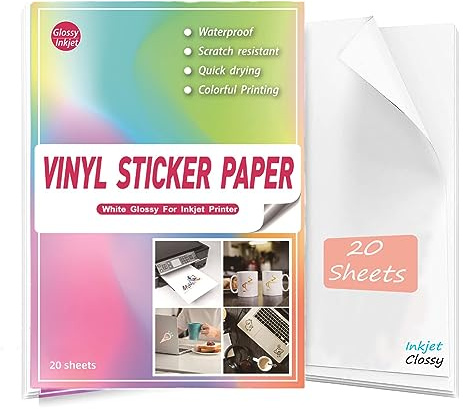 Sticker papier zum bedrucken A4 Glänzend Weiß-20 Blätter，Wasserfester Vinylaufkleber für Inkjetdrucker und Laserdrucker Inkjet Etiketten Papier Selbstklebendön & Trocknet Schnell