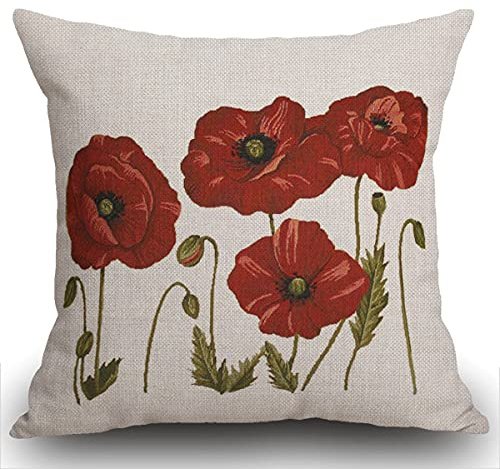 Smooffly Kissenbezug, Ölgemälde, schöne Pflanze, Blumen, rote Mohnblumen, Leinen, quadratisch, für Wohnzimmer, Sofa, Couch, Bett, 45 x 45 cm
