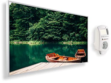 Könighaus Panorama Bildheizung 1000 Watt - Smart Thermostat - 14-26 m² | App, weißer Rahmen, Motiv: 04. Boot und See, TÜV SÜD, Infrarot Wandheizung
