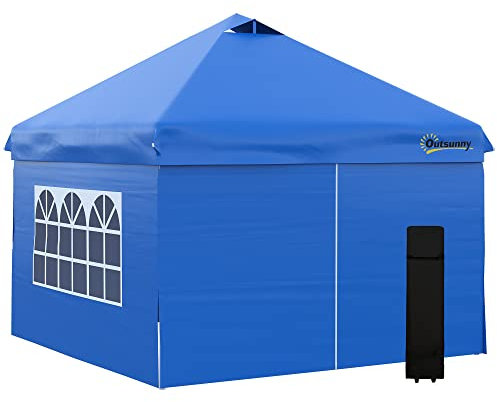 Outsunny Pavillon 3x3m Faltpavillon 4 Seitenwände mit Fenster Tür Festzelt Gartenzelt Pop-Up-Pavillon inkl. Heringe Abspannseile Tragetasche Metall Oxford Blau