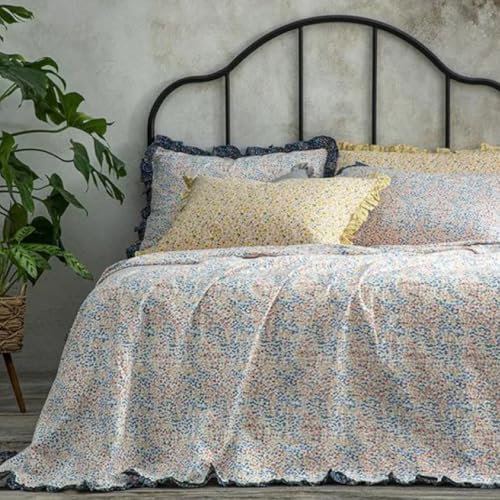 ENGLISH HOME Bettüberwurf aus Baumwolle, Atmungsaktiv, Gesteppte Überwürfe, Florale Sommer-Tagesdecke, Leichte Überwürfe, Tagesdecke für Bett, Couch, Sofa, Millefleur, 200x220 cm, Creme - Blau