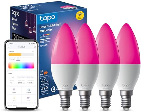 Tapo L430C(4-Pack) E14 Smart Bulb Candle Multicolour LED Light Bulb | 470 Lumens, 16M Colours, Music Sync, Energy Monitoring, Auto Biorhythm, Works with Alexa, Google & SmartThings