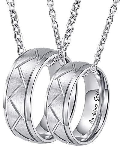 Epinki Edelstahl Partnerketten Ring mit Gravur EIN Leben lang an deiner Seite, 2pcs Ringe Anhänger Gebürstet Halskette Paare, Silber für Frauen & Männer, Breite 8MM