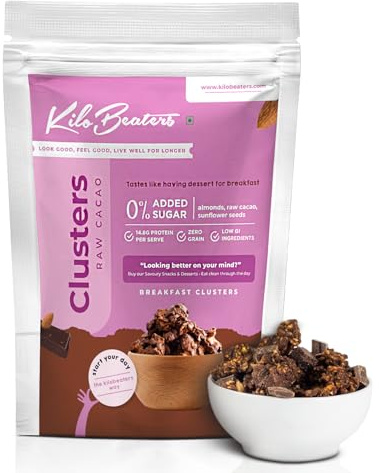 KILOBEATERS Clusters Muesli, Low Carb Breakfast Cereals with High Protein, No Added Sugar, Diet Food, Raw Cacao (400 gm) Pack of 1