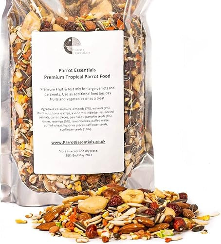 Parrot Essentials Premium Tropical Parrot Food Nut Mix - Nutritious Blend with Fruit & Nut Content for African Grey, Macaw, Cockatoo, Amazon, Conure, Quaker, Training Treats