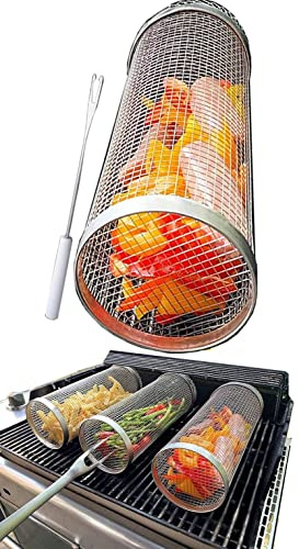 Grillkorb, 2 Stück, Grillkorb, Drahtgitter, Zylinder, Grillkorb, Edelstahl, Grillkorb, Kochzubehör, Camping, Picknick, Kochgeschirr (1 mittelgroß)