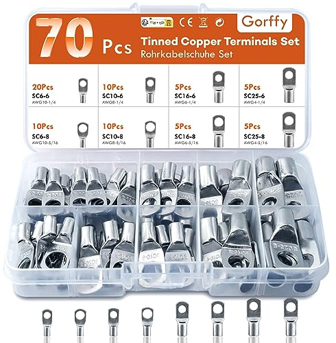 Gorffy Battery Terminal Connectors 70PCS, Tinned Copper, Cable Lugs | Bolt Hole Crimp Battery Cable Connectors, for Electric with Auto Applications