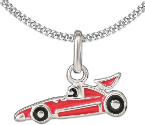 CLEVER SCHMUCK Mini collana da corsa con auto da corsa, 14 x 5 mm, rosso e nero, catena a forma di carro armato, in argento Sterling 925, per bambini in custodia per gioielli, Lucido, parzialmente