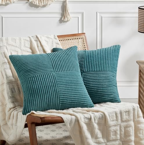 FDTERN Set med 2 Boho kuddfodral, 60 x 60 cm, vattengrönt, korsmönster, dekoration, manchester, kuddfodral, modernt kuddfodral för soffa, sovrum, stol säng