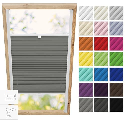 Estika Dachfenster plissee mit Bohren für Velux Fenster - Modell: P08 - Stofffarbe: Dunkelgrau - Dachfenster Rollo, Fensterrollo innen, Fenster plissee