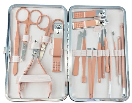 KuqitsBai Maniküre Set 7/15/18 pcs erhältlich Pediküre Kit Nagelset Nagelknipser, poliert Edelstahl Nageletui für Nagelpflege Beauty Zuhause und Reisen (Roségold 18er)