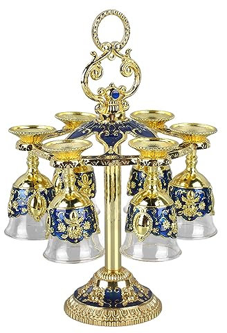 Wnvivi 6-teiliges Likörglas-Set mit Halter, Chinesischer Kelch, Retro-Schnapsglas aus Zinklegierung, Dekoratives Weinglas mit Geprägtem Blumenmuster für Party, Bankett, Bar, Familie(Blau)
