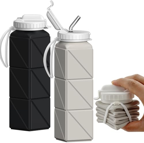 BEAUTAIL Collapsible Water Bottles with Straw 610 ml, Travel Water Bottle | BPA Free, Leakproof & Reusable, Silicone Foldable Water Bottle for Traveling, Hiking, School, Sport, 2-Pack, Black+Starlight