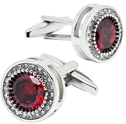 Jonwo Red Crystal Gemstone Cufflinks for Men Lady In Gift Case Silver Round Men's Cufflinks Jewelry Set for Wedding Anniversary Business Party Events Tuxedo Dress Shirt