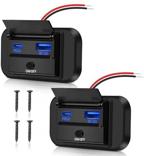 Daakro 2 Stück USB Ladebuchse 12V Autoladegerät QC3.0 USB & PD3.0 Typ C Handy Schnellladegerät Wasserdicht mit Schalter für 12 V / 24 V Wohnwagen, Autos, Motorräder, LKWs