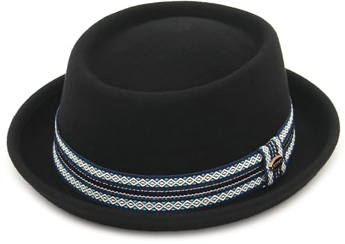 GEMVIE Pork Pie Cappello per Uomo Donna 100% Feltro di Lana Fedora Trilby Cappello Nero Adulto Unisex Porkpie Cappelli,Cinturino Nero+retrò,Taglia Unica