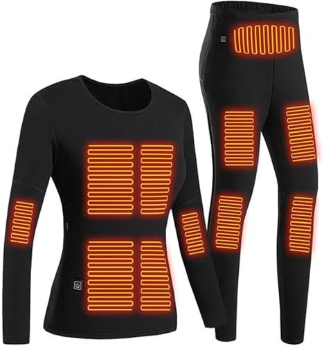 CJJZFO Damen Thermounterwäsche Beheizbare für Winter Temperaturregelung: Langärmeliges Beheiztes Unterwäsche Set USB 22 Heizzonen 3 Temperaturregelung (Schwarz, S)
