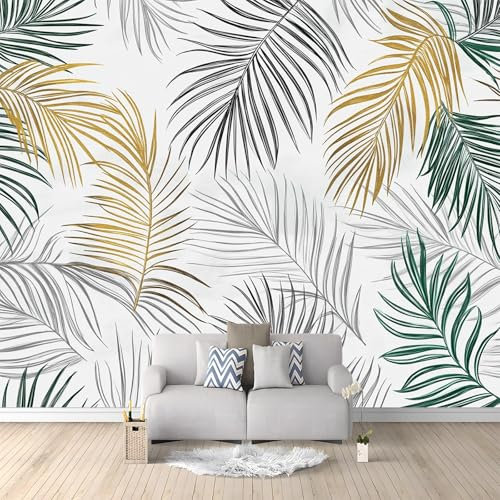 Papel pintado 250 x 175 cm Mural de pared de arte premium no tejido Hojas De Palma Dibujadas decoración de dormitorio impreso diseño moderno, Gris Revestimiento de paredes