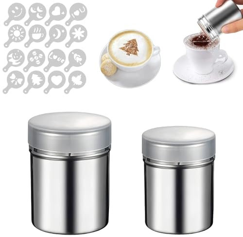 Puderzuckerstreuer,2 Stück Edelstahl Kakaostreuer für Cappuccino,Mehlstreuer mit Deckel,Kakao Streuer für Kaffee Backen Kochen Gebäck - Mit 16 Musterformen