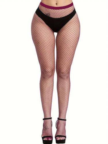 Boolavard Fishnet Stockings, High Waist Tights for Women, Fish Net Tights Ladies Plus Size One Size Fit All (US, Alpha, One Size, Regular, Regular, Burgundy)