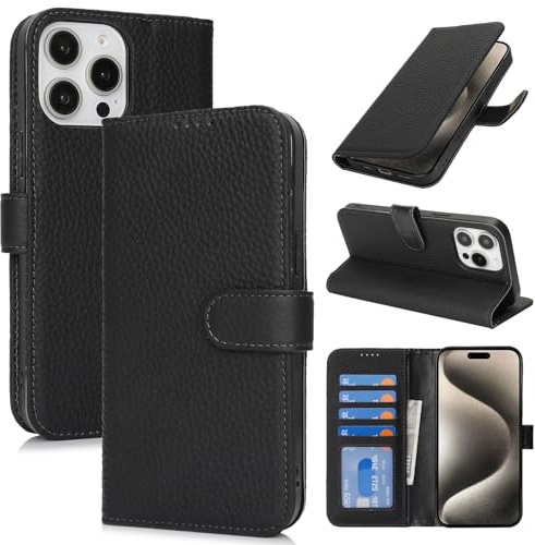 Zouzt Hülle für iPhone 15 Pro Max 6,7 Zoll, Echt Leder Hülle mit 4 Kartenfächern, RFID Blocker, Kartenhalter Magnet Klapp Stoßfest Schutzhülle Frauen Männer für iPhone 15 Pro Max - Schwarz