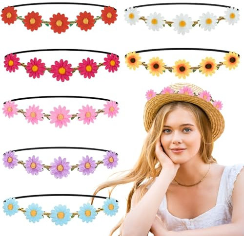 KEYRI 7 Pièces Couronne Décorative Style Bohème Hippie Fleur Cheveux Florale Réglable Guirlande de Fleurs Bandeau de Marguerites Couronne de Fleurs Travaillée Réglable (Multicolore, taille unique)