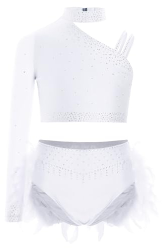 Freebily Abito da Ballo Latino Americano Bambina Completo da Pattinaggio Artistico con Strass Crop Top Danza Moderna Monospalla + Minigonna di Ballo Costume Danza Samba Bianco 9-10 Anni