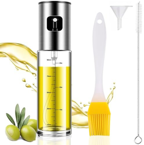 Spruzzino Olio per Friggitrice Aria, Spruzzatore Salvagoccia, 100 ml, Olio Spray Nebulizzatore, Oliera Spray in Vetro e Acciaio Inox, Accessori Friggitrice Poco Olio