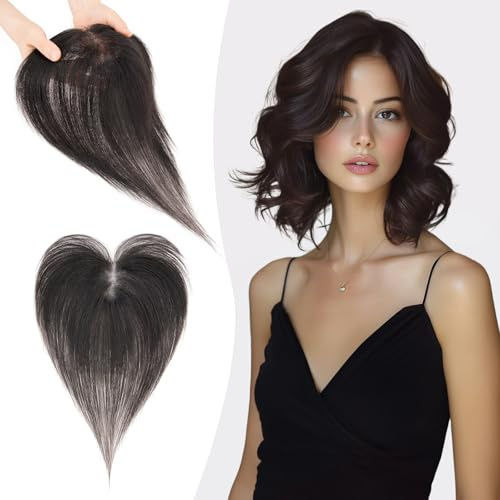 S-noilite Echthaar Toupets für Frauen Natürliches Schwarz - 9x12cm T-Sharp Haar Toppers Clip in Haarteile Echthaar mit Seitenpony 13 Gramm