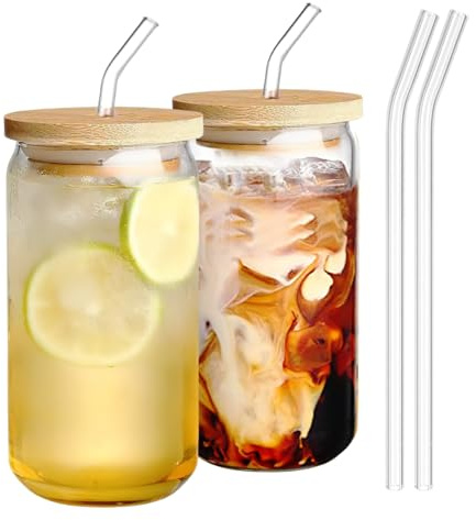 Ausune 2Pcs 500ml Glass Cups with Bamboo Lids and Glass Straws,Reusable Can Shaped Cups Set,for Smoothies, Beer, Cola, Juice, Soda，Cocktails
