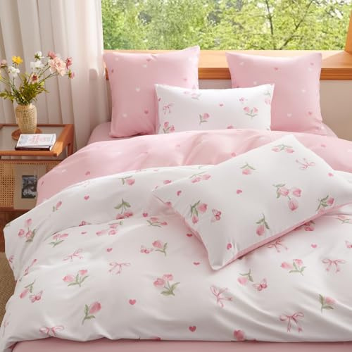 Tospass Mädchen Bettwäsche 135x200 Weiß Rosa Tulpen Blumen Bettwäsche Set | Aesthetic Wendebettwäsche, 2teilig Kinder, Microfaser ÖKO-TEX Bettbezug mit Reißverschluss und 1 Kissenbezug 80x80cm