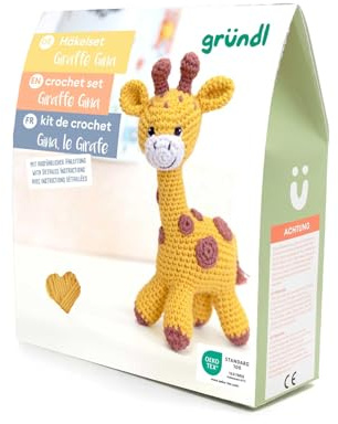 Gründl Häkelset Kuscheltier, Giraffe Gina, Esel Eddy, Robbe Robby oder Tiger Timmy, 14-18 cm, Komplettes Bastelset mit Anleitung (Giraffe Gina)