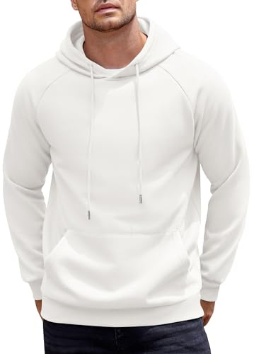 COOFANDY Hoodie Herren Kapuzenpullover Warm Pullover Sweatshirt mit Kapuze Fleece Pullover Baumwolle Sweatshirt Männer Hoody mit Taschen Weiß M