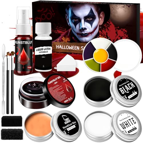 Halloween Schminke Set Erwachsene Kinder - Halloween Make Up Kinderschminke mit Kunstblut Spray+Geronnenes Blutplasma+Flüssigkeit Latex+6 Farben Make Up Palette+Narbenwachs +Schminke Schwarz Weiß