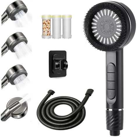 Soffione Doccia con 3 filtri, Doccino per Doccia Alta Pressione con sistema di filtraggio d'acqua testa doccetta manuale da 1.5 m, Telefoni doccia, 4 Modi, R iduce il Calcare con Filtro per Doccia