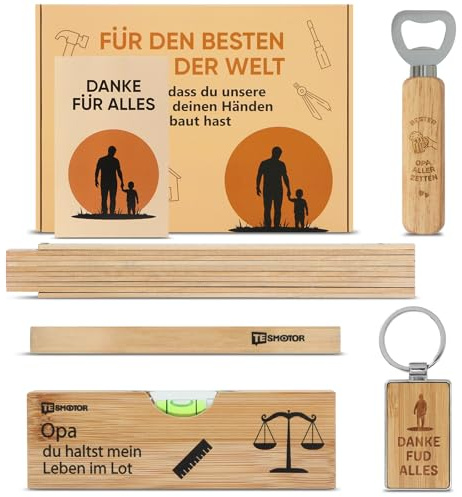 Coffret cadeau pour grand-père – 6 pièces avec règle pliante, décapsuleur, crayon, porte-clés, niveau à bulle et carte de vœux – Cadeau personnalisé pour grand-père pour anniversaire de grand-père