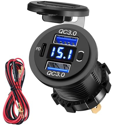 72W PD USB Steckdose 12V Auto, wasserdichte QC3.0 Typ C 36W+2 QC 18W Einbau | DC Ladegerät Adapter mit Schalter LED Voltmeter KFZ Stecker USBC Anschluss für Auto Wohnmobil Boot Motorrad Wohnwagen