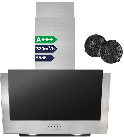 Soonye A+++ Dunstabzugshaube 60cm Umluft Kopffrei Schräghaube 370 m³/h mit Aktivkohlefilter Abluft 3 Stufen Wandmontage Wandhaube Abzugshaube Kopffreihaube,Schwarz Mattglas