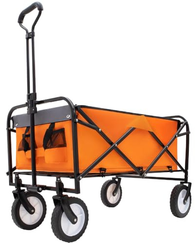 Collapsible Foldable Wagon Cart with All-Terrain Wheels and Secure Strapping System - Heavy-Duty Utility Cart for Camping, Beach, Shopping, Gardening, Fishing (Orange + Steel + Garden & Outdoor)