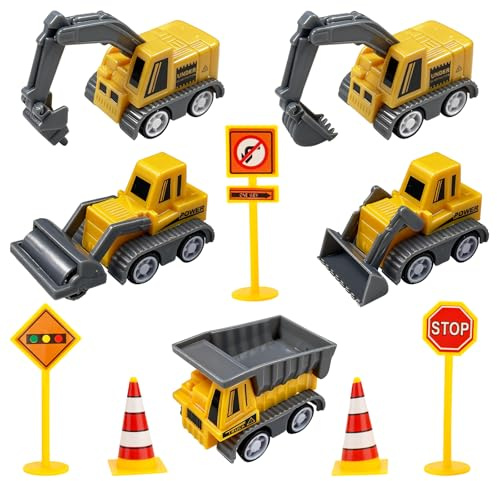 10 Pcs Construction Vehicles Cake Toppers Set, Nlsqw Digger Cake Topper, Construction Cakes Toppers with Road Mini Sign, Constructions Cakes Decorations for Birthday Anniversary Party
