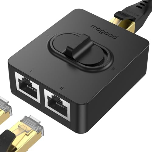 MOGOOD Gigabit Ethernet Switch 2 Port, Bidirectional 1 in 2 Out Network Splitter, Physical Isolation LAN Adapter, Plug & Play No Power, Cat5/5e/6 Cable Compatible for Laptop PC Router Printer Camera