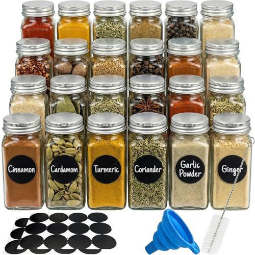 JinPhon Lot de 24 Pots à Épices Carrés en Verre (120ml) avec Saupoudreur 2-en-1 - Bocaux à Épices Vides et Hermétiques - Kit Complet avec Étiquettes, Entonnoir & Brosse - Rangement Cuisine Organisé
