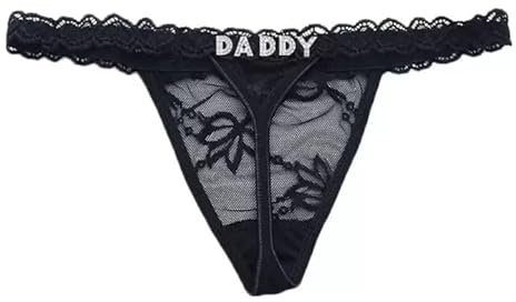 KFLY Damen Spitzen Tanga Slip mit Strass-Buchstaben Ketten Sexy Low Rise G-String Unterwäsche Buchstaben Lace Panty Festival Rave Bikini | Buchstaben Lace Panty Festival Rave Bikini