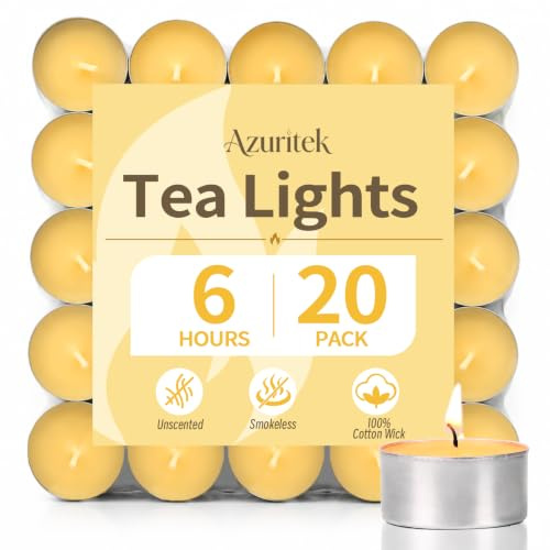 Azuritek 20 PCS 100% Beeswax Tealight Candles, 6H Burn Time, Unscented | Beeswax Tea Lights Candles, Paraffin Free Pure Natural Organic Tealights for Halloween, Advent and Christmas Decorations