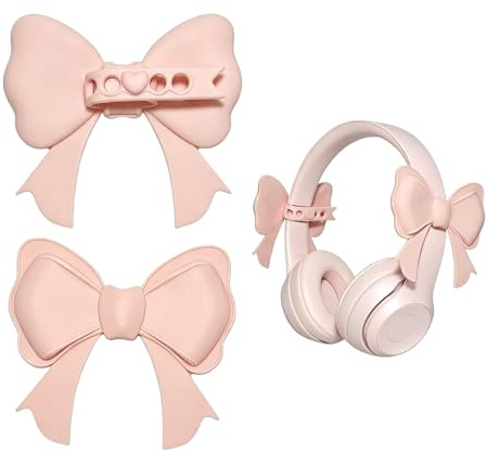 Adhiper Silicone Bow Headphone Accessory,Soft Flexible Headband Decoration for Over-Ear Headphones with Nylon Tape Attachment,Scratch-Resistant Durable Bow Clip,Universal Headphone Accessories (Pink)
