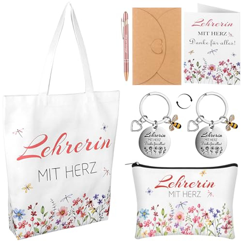 6 Stück Dankeschön Geschenke Lehrerin Abschiedsgeschenk Erzieherin Baumwolltasche Kosmetiktasche Kugelschreiber Schlüsselanhänger Dankeskarten Umschlag für Lehrer Erzieher Abschluss Geburtstag