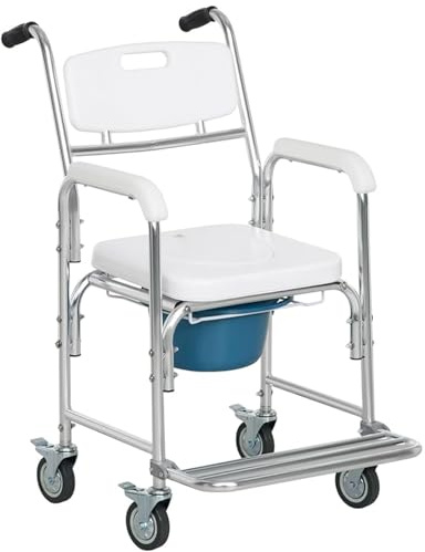 3-in-1 Shower Commode Wheelchair, Bedside Toilet Chair Adult Potty | For Upholstered Seat with Backrest Armrestswith Safety Locking Wheels & Anti-tilt Footrest