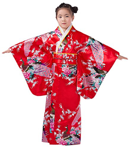 XueXian(TM) Filles Kimonos Robe Traditionnelle Kimono Japonais Impression de Fleurs et Paons en Polyester(10-11 ans,rouge)