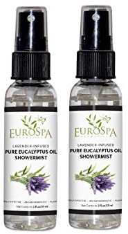 EuroSpa Aromatics Pure Eucalyptus Oil ShowerMist and Steam Room Spray, All-Natural Premium Aromatherapy Essential Oils - Lavender Infused, 2oz, 2 Pack