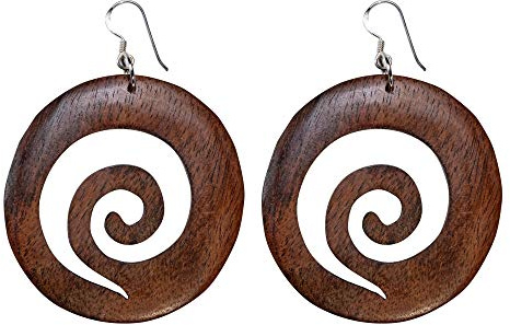 81stgeneration Große Handgefertigte Spiralohrringe aus Holz mit Haken aus 925er Silber | Runde Braune Holzscheiben-ohrringe | Natürlicher Stammesschmuck